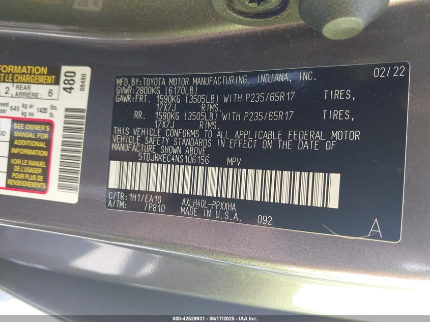 2022 Toyota Sienna VIN 5TDJRKEC4NS106156 IAAI salvage auction — FRONT END, Salvage (Hawaii), sold $4,650 on 2026-07-28 (photo 9)