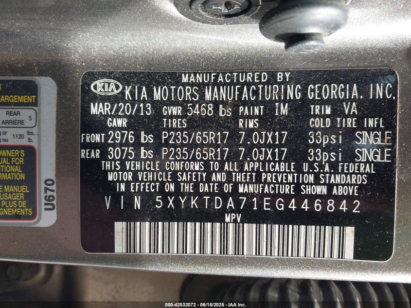 2014 Kia Sorento VIN 5XYKTDA71EG446842 IAAI salvage auction — FRONT END, Salvage (Indiana), sold $825 on 2026-07-28 (photo 9)
