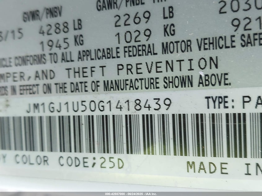 2016 Mazda 6 VIN JM1GJ1U50G1418439 IAAI salvage auction — LEFT SIDE, Clear (Virginia), sold $2,000 on 2026-07-28 (photo 9)