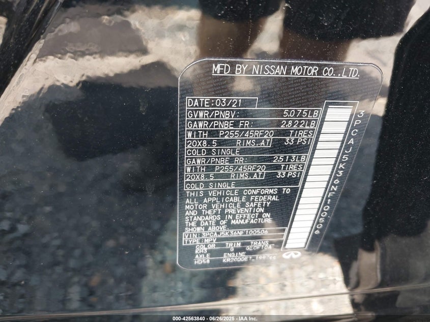 2022 Infiniti Qx55 VIN 3PCAJ5K36NF100506 IAAI salvage auction — REAR END, Salvage (Virginia), sold $8,500 on 2026-07-30 (photo 9)