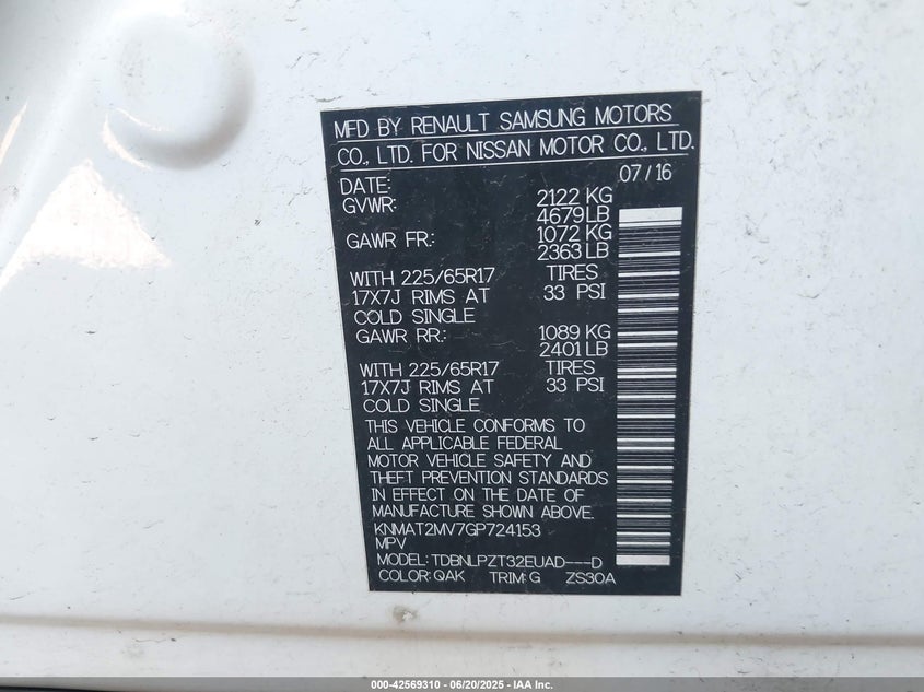 2016 Nissan Rogue VIN KNMAT2MV7GP724153 IAAI salvage auction — LEFT FRONT, Salvage (Arizona), sold $1,350 on 2026-08-02 (photo 9)