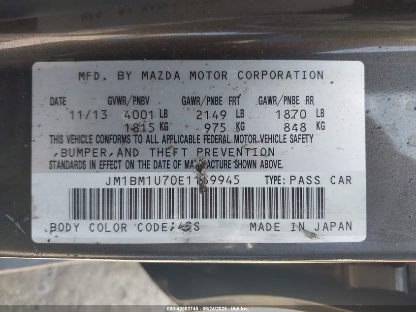 2014 Mazda Mazda3 VIN JM1BM1U70E1139945 IAAI salvage auction — INTERIOR BURN, Salvage Title, sold $900 on 2026-07-14 (photo 9)