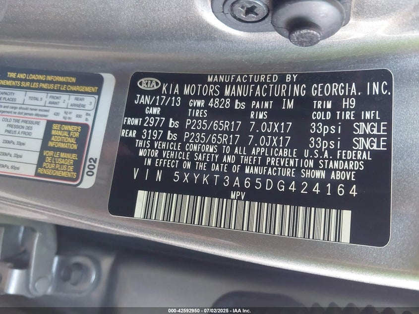 2013 Kia Sorento VIN 5XYKT3A65DG424164 IAAI salvage auction — LEFT FRONT, Salvage (Arizona), sold $1,075 on 2026-07-14 (photo 9)