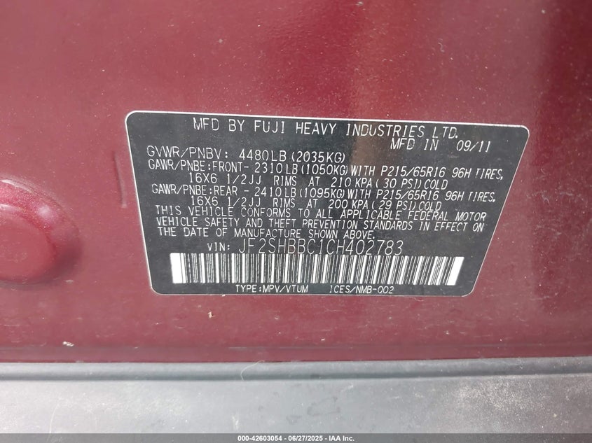 2012 Subaru Forester VIN JF2SHBBC1CH402783 IAAI salvage auction — RIGHT SIDE, Salvage Title, sold $575 on 2026-07-14 (photo 9)