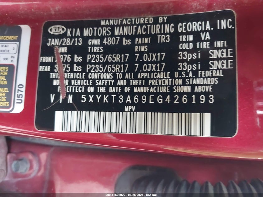 2014 Kia Sorento VIN 5XYKT3A69EG426193 IAAI salvage auction — RIGHT REAR, Salvage (Indiana), sold $1,050 on 2026-07-30 (photo 9)