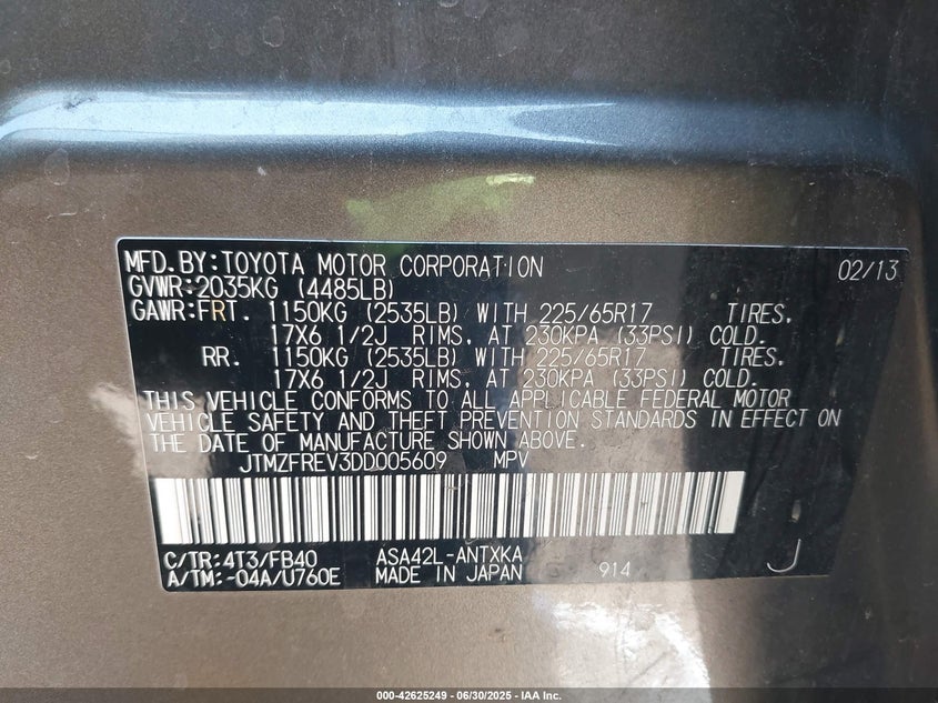 2013 Toyota Rav4 VIN JTMZFREV3DD005609 IAAI salvage auction — LEFT SIDE, Salvage Title, sold $3,450 on 2026-07-13 (photo 9)