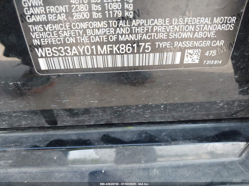 2021 BMW M3 VIN WBS33AY01MFK86175 IAAI salvage auction — Front & Rear, Original (Texas), sold $17,150 on 2025-08-22 (photo 9)