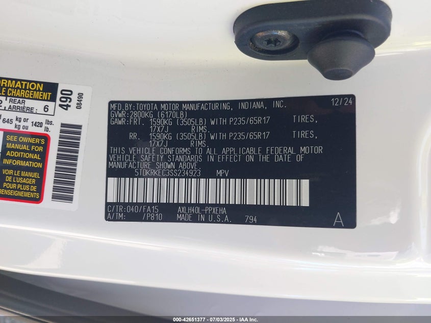 2025 Toyota Sienna VIN 5TDKRKEC3SS234923 IAAI salvage auction — WATER/FLOOD, Rebuildable (Florida), sold $15,375 on 2026-07-07 (photo 9)