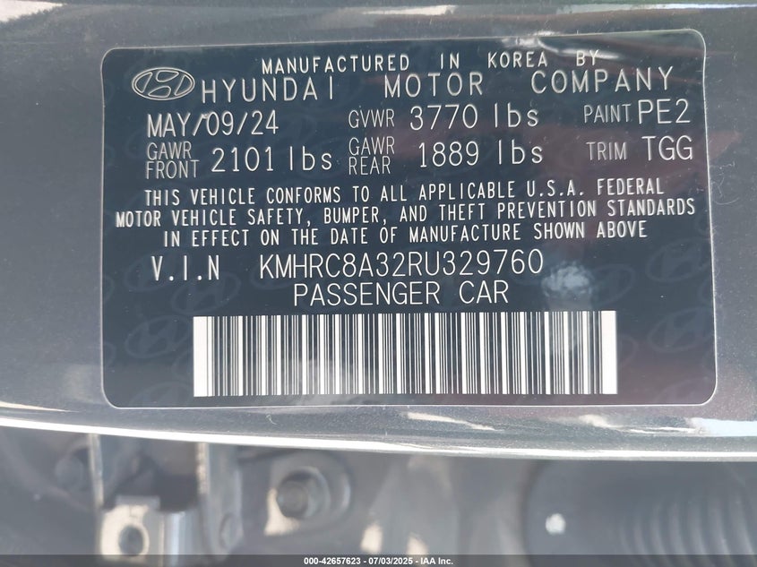 2024 Hyundai Venue VIN KMHRC8A32RU329760 IAAI salvage auction — RIGHT FRONT, Salvage Title, sold $5,200 on 2026-07-08 (photo 9)