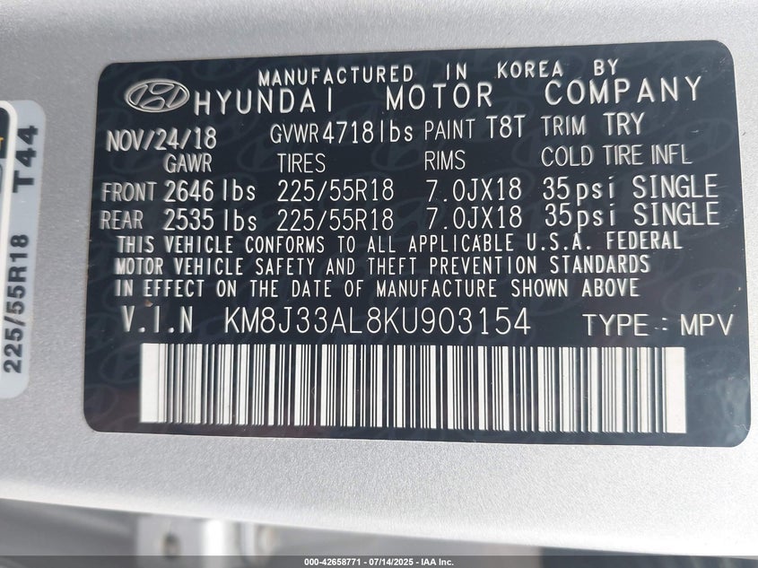 2019 Hyundai Tucson VIN KM8J33AL8KU903154 IAAI salvage auction — RIGHT SIDE, Salvage (Illinois), sold $1,500 on 2026-07-28 (photo 9)