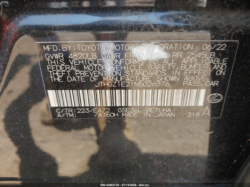 2022 Lexus Is VIN JTHGZ1E21N5026376 IAAI salvage auction — THEFT, Salvage (New Jersey), sold $19,000 on 2026-07-16 (photo 9)