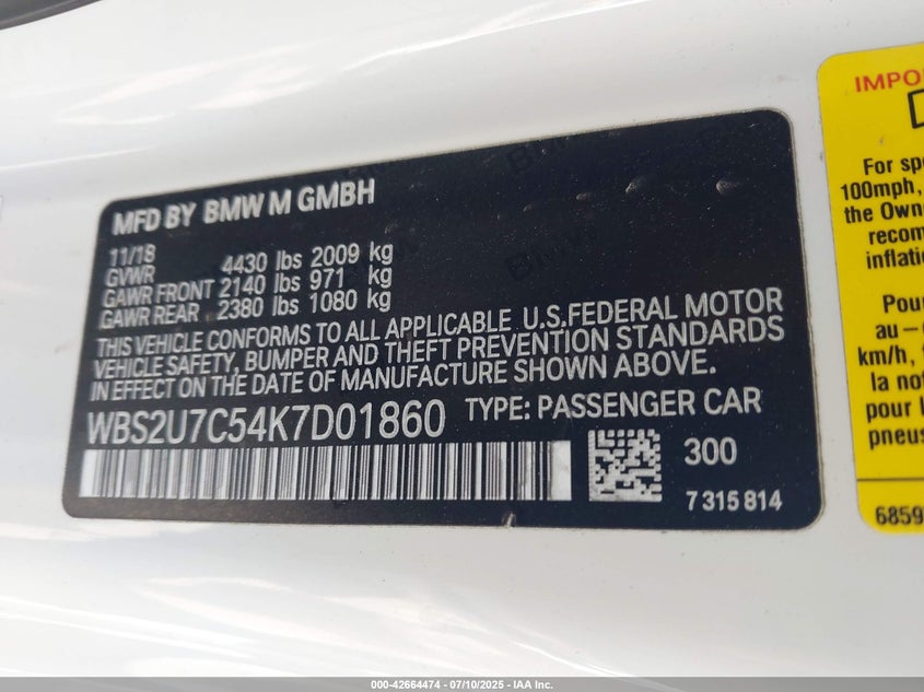 2019 BMW M2 VIN WBS2U7C54K7D01860 IAAI salvage auction — Front End, Clear (Arizona), sold $17,900 on 2026-02-20 (photo 9)