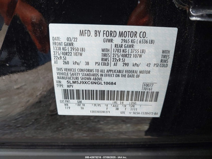 2022 Lincoln Aviator VIN 5LM5J9XC6NGL10684 IAAI salvage auction — LEFT SIDE, Salvage Title, sold $26,425 on 2026-07-20 (photo 9)