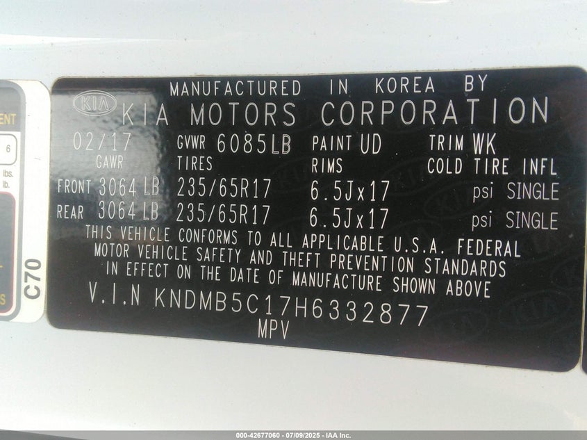 2017 Kia SEDONA VIN KNDMB5C17H6332877 IAAI salvage auction — REAR END, Salvage Title, sold $2,000 on 2026-07-07 (photo 9)