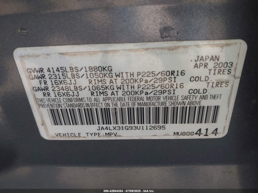 2003 Mitsubishi Outlander VIN JA4LX31G93U112695 IAAI salvage auction — FRONT END, Salvage - Greater Than 75% (Maryland), sold $400 on 2026-07-16 (photo 9)