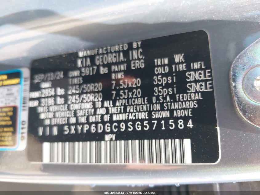 2025 Kia Telluride VIN 5XYP6DGC9SG571584 IAAI salvage auction — LEFT SIDE, Salvage Title, sold $24,600 on 2026-07-08 (photo 9)