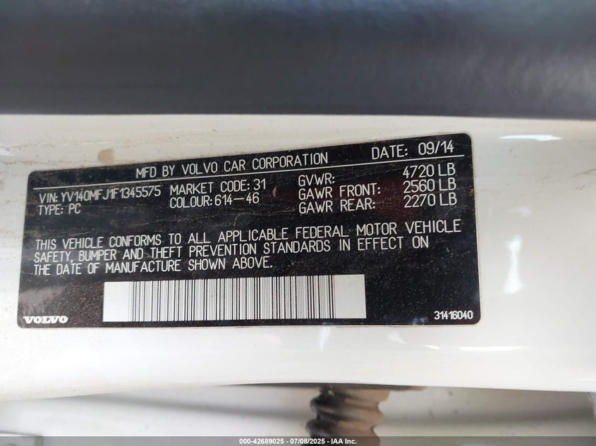 2015 Volvo S60 VIN YV140MFJ1F1345575 IAAI salvage auction — FRONT END, Clear (Oklahoma), sold $250 on 2026-07-14 (photo 9)
