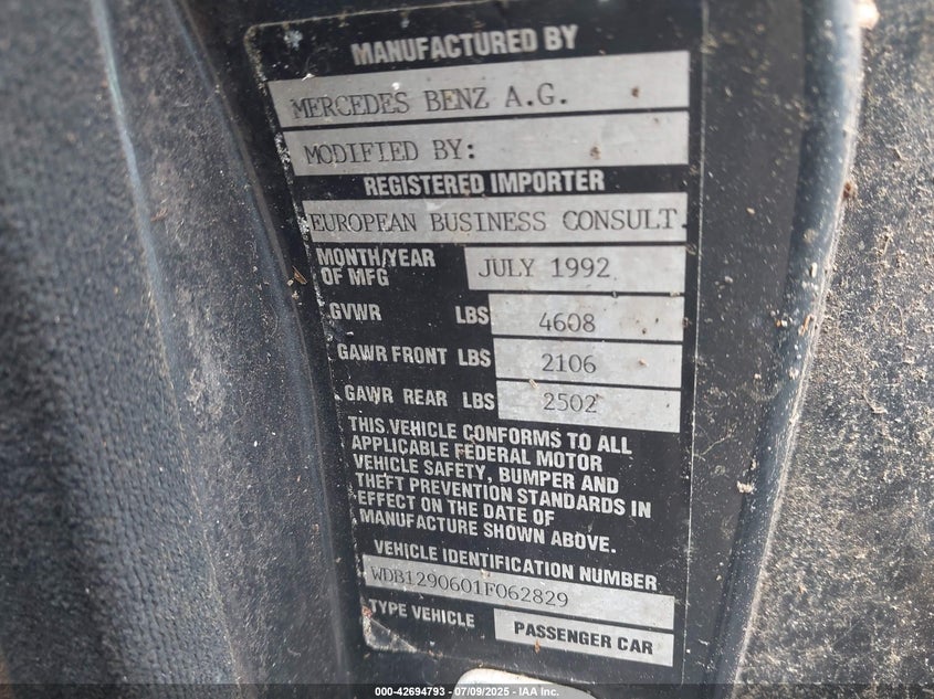 1993 Mercedes-benz VIN WDB1290601F062829 IAAI salvage auction — FRONT END, Parts Only - Bill Of Sale (North Carolina), sold $275 on 2026-07-06 (photo 9)
