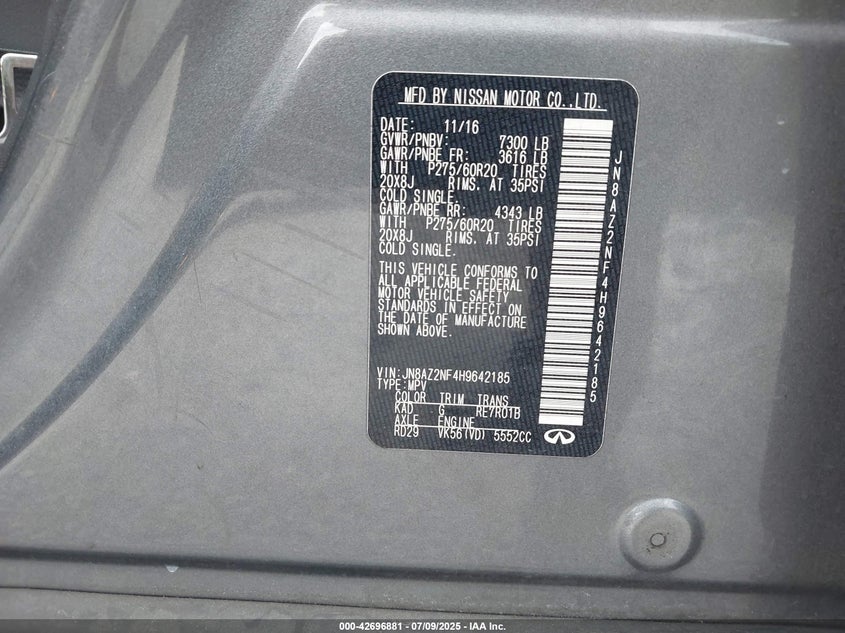 2017 Infiniti Qx80 VIN JN8AZ2NF4H9642185 IAAI salvage auction — FRONT END, Salvage (South Carolina), sold $25 on 2026-07-28 (photo 9)