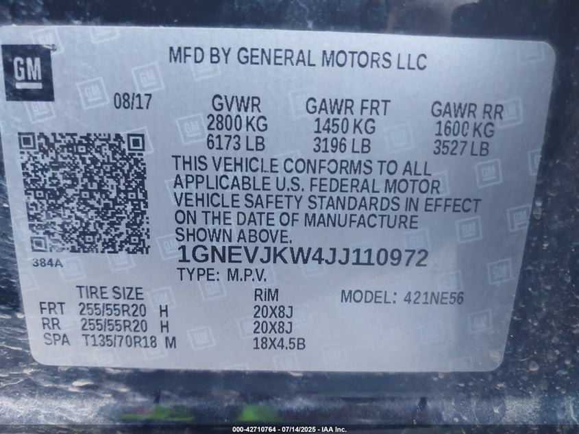 2018 Chevrolet Traverse VIN 1GNEVJKW4JJ110972 IAAI salvage auction — RIGHT FRONT, Regular (South Dakota), sold $2,450 on 2026-07-09 (photo 9)