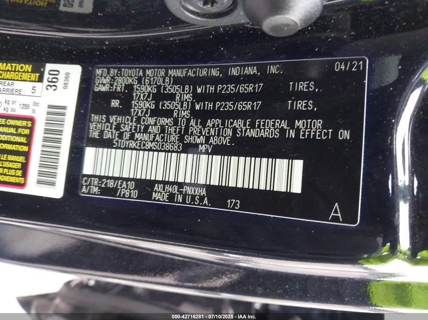 2021 Toyota Sienna VIN 5TDYRKEC8MS038683 IAAI salvage auction — FRONT END, Salvage (Indiana), sold $9,300 on 2026-07-29 (photo 9)
