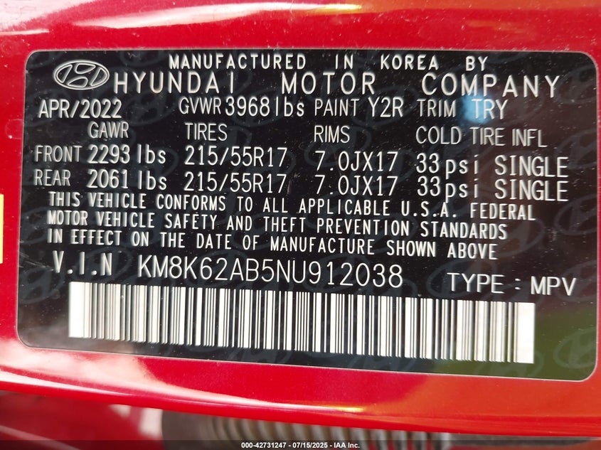 2022 Hyundai Kona VIN KM8K62AB5NU912038 IAAI salvage auction — FRONT END, Salvage (Alabama), sold $1,200 on 2026-07-13 (photo 9)