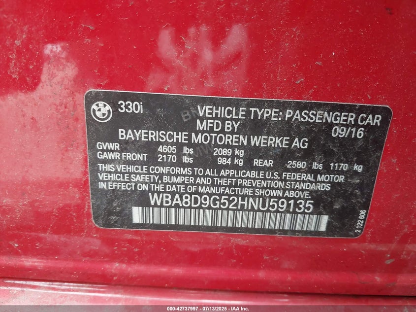 2017 BMW 330i VIN WBA8D9G52HNU59135 IAAI salvage auction — SIDE, Salvage Title, sold $1,450 on 2026-07-21 (photo 9)