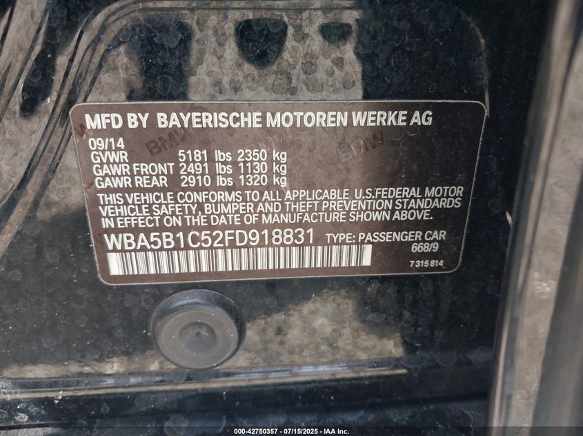 2015 BMW 5 series VIN WBA5B1C52FD918831 IAAI salvage auction — FRONT END, Other, sold $650 on 2026-08-18 (photo 9)