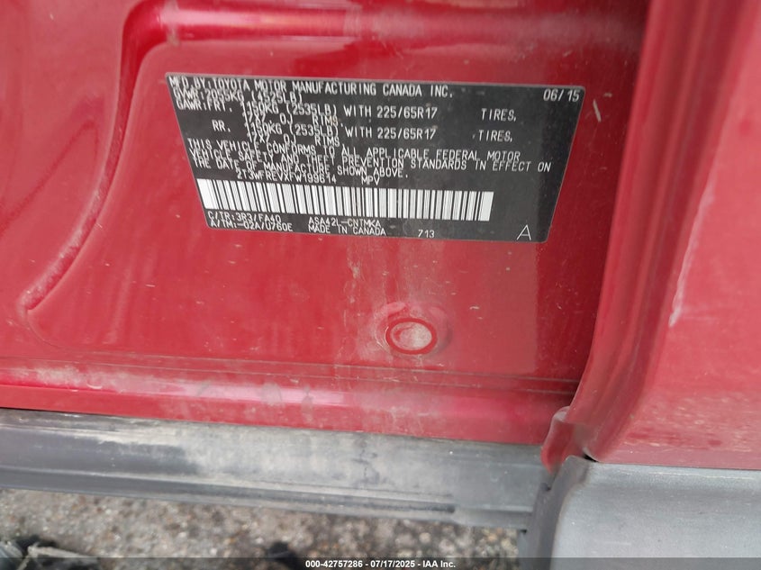 2015 Toyota Rav4 VIN 2T3WFREVXFW199614 IAAI salvage auction — FRONT END, Original (Texas), sold $7,600 on 2026-07-30 (photo 9)