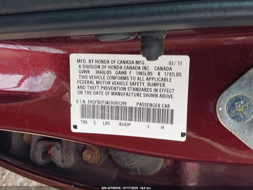 2012 Honda Civic VIN 2HGFB2F58CH501299 IAAI salvage auction — LEFT SIDE, Mv-907A (New York), sold $450 on 2026-07-18 (photo 9)