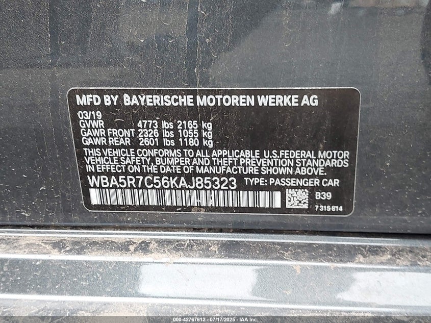 2019 BMW 3 series VIN WBA5R7C56KAJ85323 IAAI salvage auction — LEFT SIDE, Salvage (New Jersey), sold $3,150 on 2026-07-13 (photo 9)