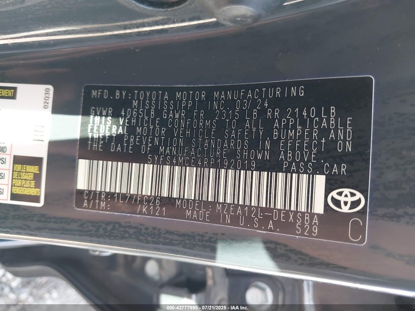 2024 Toyota Corolla VIN 5YFS4MCE4RP192019 IAAI salvage auction — HAIL, Salvage Title, sold $9,200 on 2026-07-30 (photo 9)