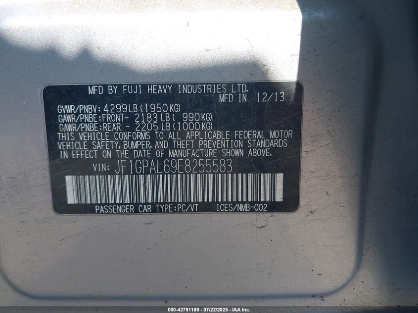 2014 Subaru Impreza VIN JF1GPAL69E8255583 IAAI salvage auction — FRONT END, Salvage Title, sold $725 on 2026-07-08 (photo 9)
