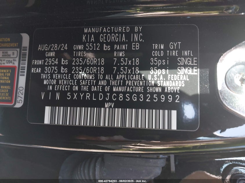 2025 Kia Sorento VIN 5XYRLDJC8SG325992 IAAI salvage auction — FRONT END, Salvage Title, sold $13,100 on 2026-07-07 (photo 9)