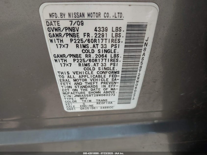 2009 Nissan Rogue VIN JN8AS58T29W060273 IAAI salvage auction — LEFT FRONT, Bill Of Sale (Tennessee), sold $275 on 2026-07-28 (photo 9)