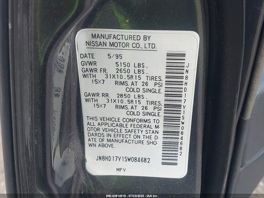 1995 Nissan Pathfinder VIN JN8HD17Y1SW084682 IAAI salvage auction — FRONT END, Bill Of Sale (Colorado), sold $25 on 2026-07-21 (photo 9)