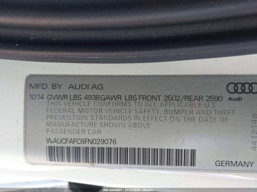2015 Audi A6 VIN WAUCFAFC6FN029076 IAAI salvage auction — LEFT SIDE, Salvage Title, sold $4,075 on 2026-07-08 (photo 9)