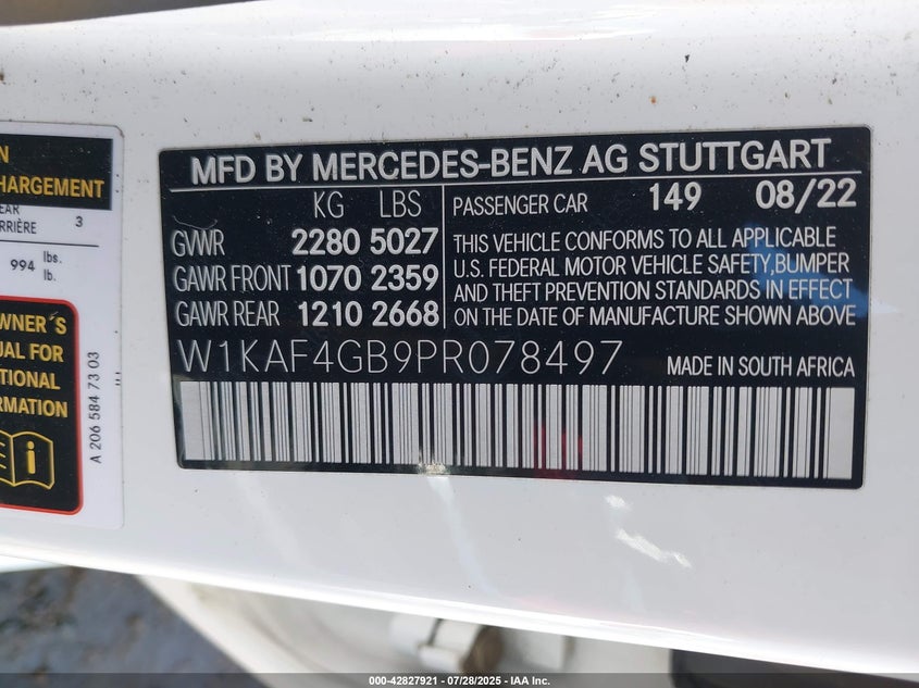2023 Mercedes-benz C 300 VIN W1KAF4GB9PR078497 IAAI salvage auction — UNKNOWN, Salvage Title, sold $19,000 on 2026-07-12 (photo 9)
