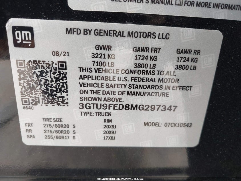 2021 Gmc Sierra 1500 VIN 3GTP8FED1MG358540 IAAI salvage auction — THEFT, Salvage (North Carolina), sold $22,600 on 2026-07-20 (photo 9)