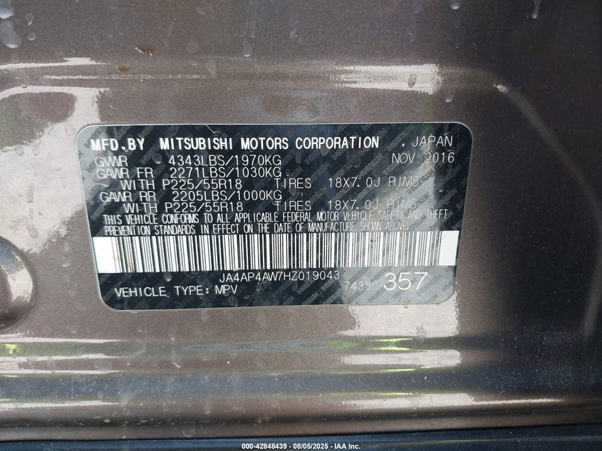 2017 Mitsubishi Outlander sport VIN JA4AP4AW7HZ019043 IAAI salvage auction — FRONT END, Salvage Title, sold $1,675 on 2026-07-07 (photo 9)