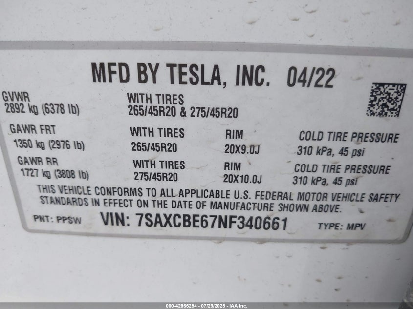 2022 Tesla Model x VIN 7SAXCBE67NF340661 IAAI salvage auction — RIGHT FRONT, Salvage Title, sold $37,050 on 2026-10-01 (photo 9)