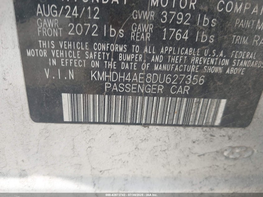 2013 Hyundai Elantra VIN KMHDH4AE8DU627356 IAAI salvage auction — THEFT, Salvage (Idaho), sold $775 on 2026-08-01 (photo 9)