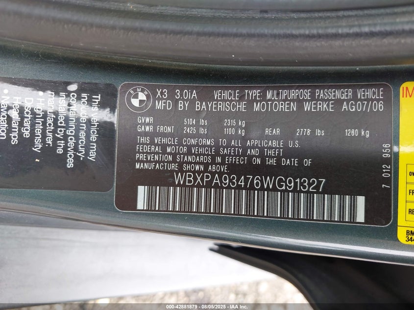 2006 BMW X3 VIN WBXPA93476WG91327 IAAI salvage auction — UNKNOWN, Bill Of Sale (New York), sold $450 on 2026-07-07 (photo 9)