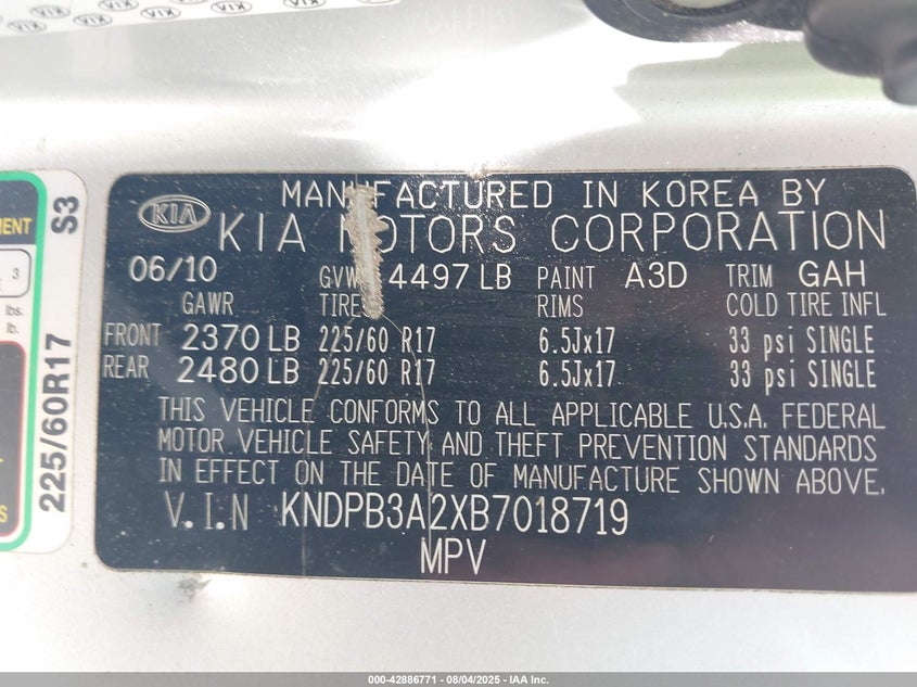 2011 Kia Sportage VIN KNDPB3A2XB7018719 IAAI salvage auction — FRONT & REAR, Salvage (Texas), sold $675 on 2026-07-08 (photo 9)