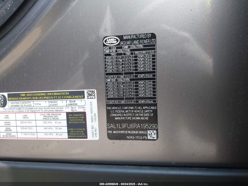 2024 Land rover Range rover sport VIN SAL1L9FU6RA195290 IAAI salvage auction — EXTERIOR BURN, Salvage (Pennsylvania), sold $3,050 on 2026-07-10 (photo 9)
