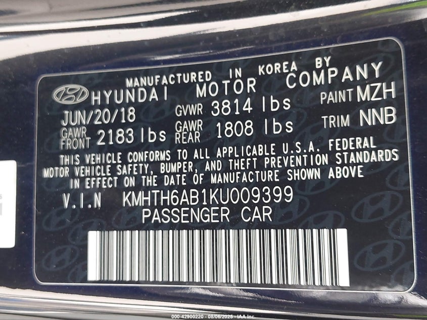 2019 Hyundai Veloster VIN KMHTH6AB1KU009399 IAAI salvage auction — FRONT END, Certificate Of Destruction (Florida), sold $1,100 on 2026-07-07 (photo 9)