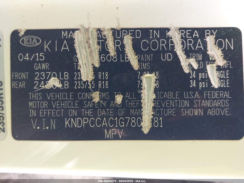 2016 Kia Sportage VIN KNDPCCAC1G7808181 IAAI salvage auction — RIGHT SIDE, Salvage Title, sold $1,050 on 2026-07-10 (photo 9)