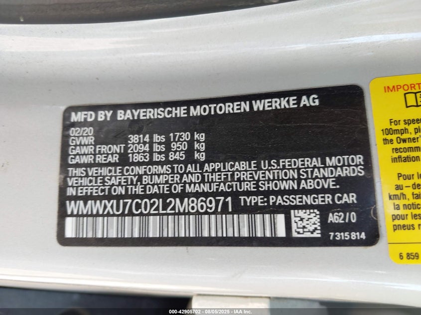 2020 Mini Cooper VIN WMWXU7C02L2M86971 IAAI salvage auction — FRONT END, Original (Texas), sold $2,200 on 2026-07-20 (photo 9)