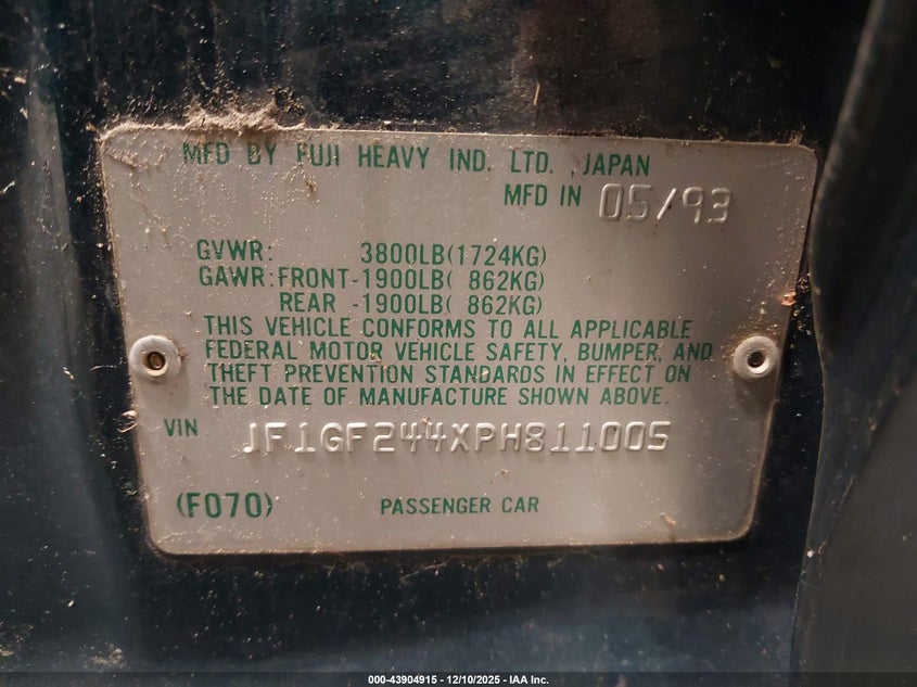 1993 Subaru Impreza VIN JF1GF244XPH811005 IAAI salvage auction — MECHANICAL, Bill Of Sale (Colorado), sold $150 on 2026-07-29 (photo 9)