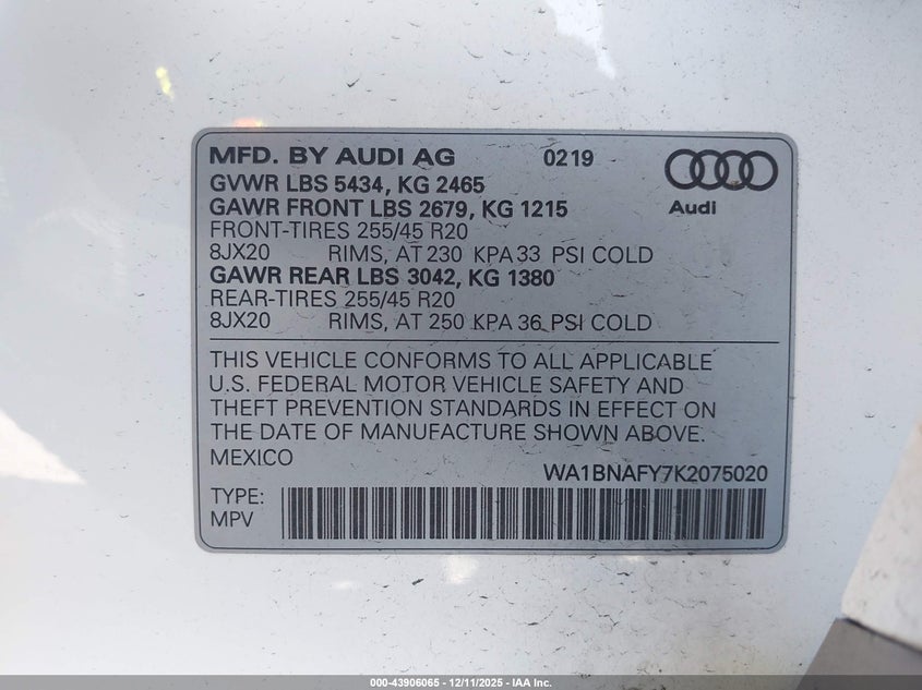 2019 Audi Q5 VIN WA1BNAFY7K2075020 IAAI salvage auction — FRONT END, Other, sold $5,875 on 2026-07-22 (photo 9)